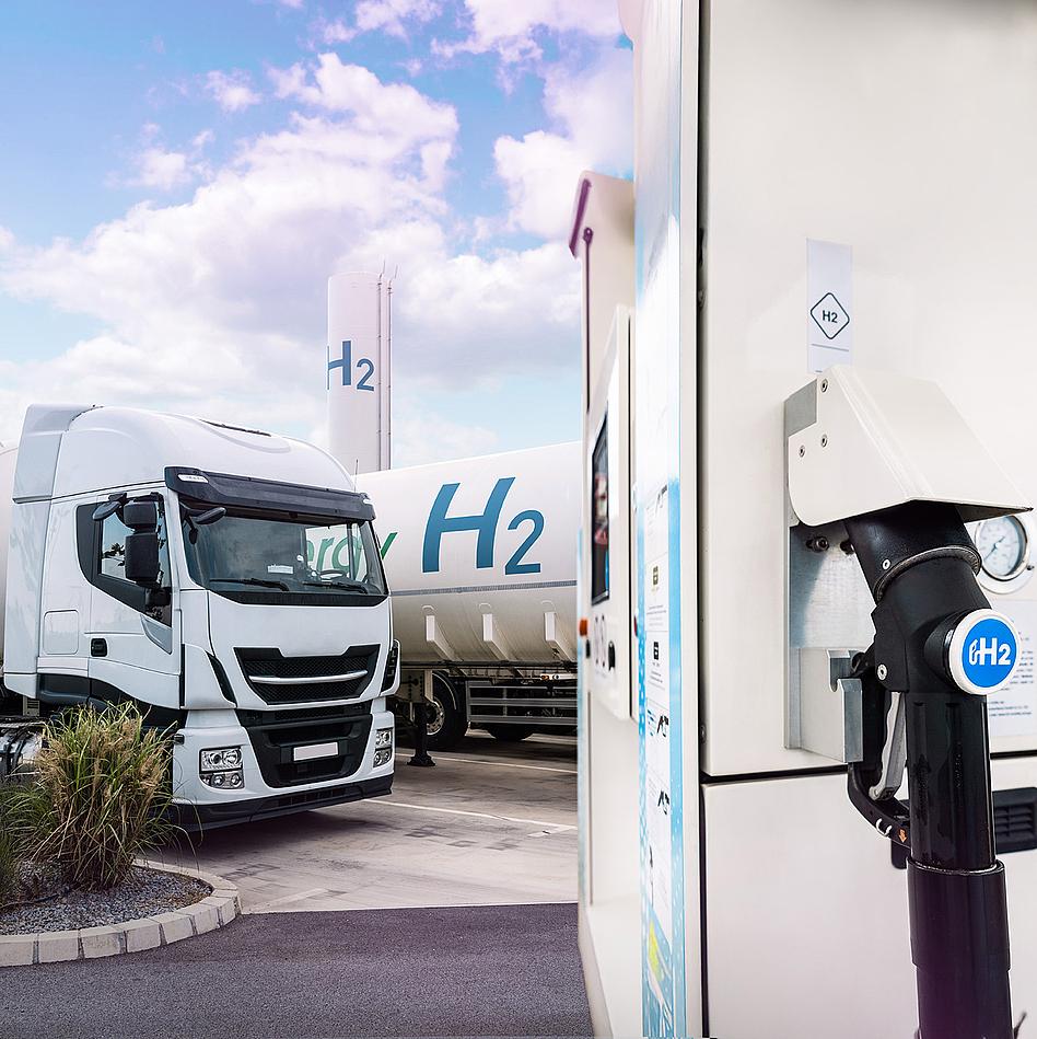 Truck with hydrogen tank trailers. Hydrogen transportation concept