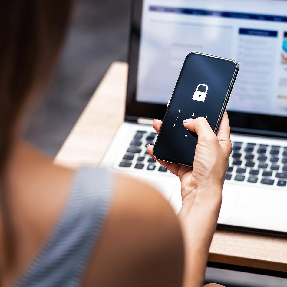 Phone lock code. Smartphone protection with 2fa (two factor authentication). Smartphone protection and security with pin number. Encrypted data. Personal online privacy. Cyber hacker threat.